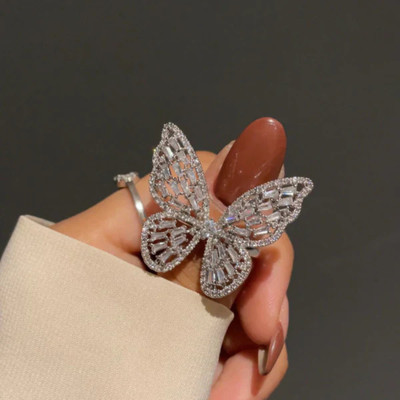 MASHBA Adjustable American Diamond Silver Butterfly Ring For women And Girls Crystal Cubic Zirconia Silver Plated Ring