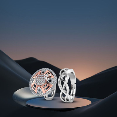 Miss Highness Crown Cut Couple Diamond Adjustable Combo Rings Set – Gift for Women & Men, Silver Cubic Zirconia Rhodium Plated Ring