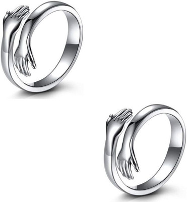 White Chimes Stylish Set of 2 Friendship and Loved Ones Cuddle Exclusive Designed Hug Ring Alloy, Brass, Stainless Steel Cubic Zirconia Silver Plated Ring Set