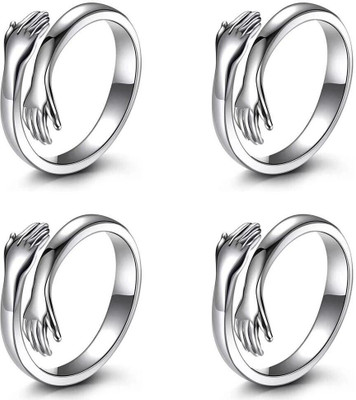 White Chimes Pack of 4 Silver-Plated Friendship Loved Ones Hug Ring Stainless Steel Silver Plated Ring Set