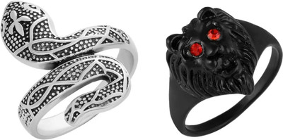 Dynamic Retail Global Set of 2 Rings for Men, Silver-Black Alloy Ring
