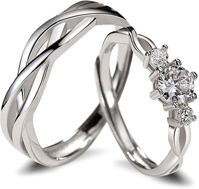 Inori Stainless Steel, Brass, Stone, Metal, Copper Cubic Zirconia, Crystal, Diamond Silver, Rhodium Plated Ring Set
