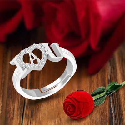 MEENAZ i love you ring girls women girlfriend A name letter propose valentine heart cz Brass, Copper, Crystal, Stone, Alloy, Metal Cubic Zirconia, Diamond, Zircon, Crystal Platinum, Rhodium, Silver Plated Ring Set