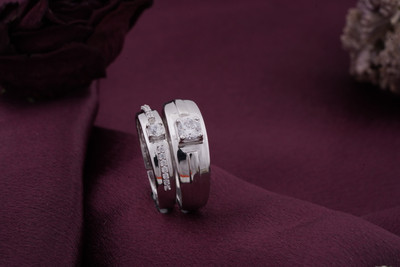 ZALKARI Pure 925 Solitaire Women's & Men's Band White Gold Plated Sterling Silver Cubic Zirconia Rhodium Plated Ring Set