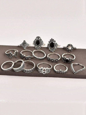 Dressberry Oxidised 15 Pcs Vintage Floral Designs Ring Set For Women And Girls Stainless Steel Silver Plated Ring Set
