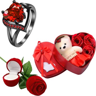 Thrillz Valentine Gift For Girlfriend Heart Silver Ring For Women Red Rose Heartbox Gift Stainless Steel Cubic Zirconia Silver Plated Ring