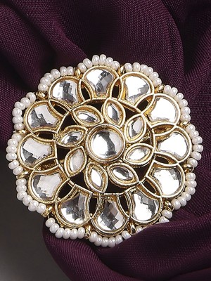 Oomph Gold Kundan Jadau Ring - Ethnic Floral Design Adjustable Free Size Alloy Beads, Crystal Ring