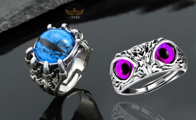 Syfer Owl Ring & Dragon/Devil Eye Ring (Combo-Adjustable) Trending Fashion Ring Stainless Steel Silver Plated Ring