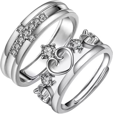 Rockjon Fashion Jewellery Adjustable Couple Rings Silver Plated Crown with Cross Stainless Steel Cubic Zirconia Ring
