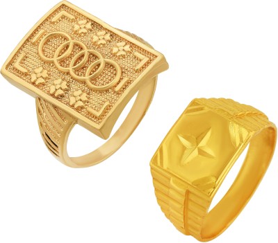 Morvi Gold Plated Brass Micron Audi and Star Design Combo Engagement Finger Ring Brass Gold Plated Ring