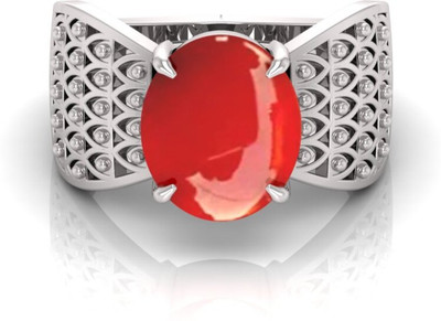 Pranjal Gems 9.25 Ratti Munga Gemstone Adjustable Ring With Lab CertificateTU Shell Coral Rhodium Plated Ring