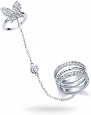 thefiorejewels Elegant Butterfly Design Dual Ring Set with Chain, Silver Plated Zirconia Ring Alloy Silver Plated Chain Ring - Single Finger