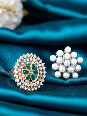 RUBANS Rubans Set Of 2 Beautiful Rings With Pearls, AD's And Teal Blue Stones Alloy Silver Plated Ring Set