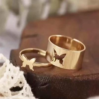 TheVineGirl Golden Butterfly Couple Ring Matching Wrap Finger Ring For Women And Girls Metal Gold Plated Ring Set