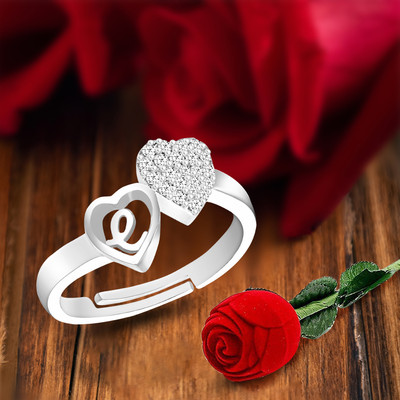 MEENAZ Love Heart Alphabet e Letter Rings girls women lovers couple Stylish simple AD Alloy, Metal, Copper, Crystal, Brass Crystal, Zircon, Diamond Silver Plated Ring Set