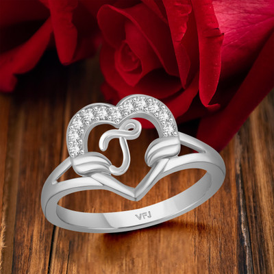 VIGHNAHARTA Valentine cluster'' J '' with heart ring alphabet cluster for women and Girls Brass Cubic Zirconia Rhodium Plated Ring