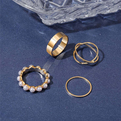 INKOANDCO INKO & CO Golden Glow Pearl Ring Set (Set of 4) Alloy Gold Plated Ring Set