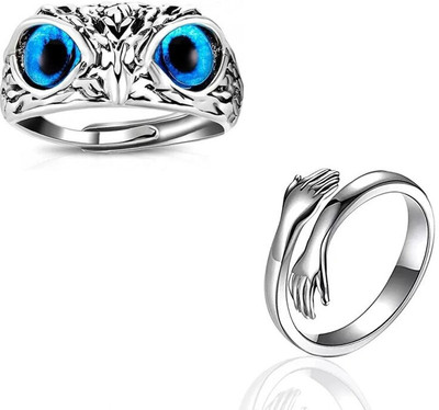 AVR JEWELS Combo of 2 Silver plated Stylish Blue Eye Owl & love Hug Ring special for couple Alloy Silver Plated Ring Set