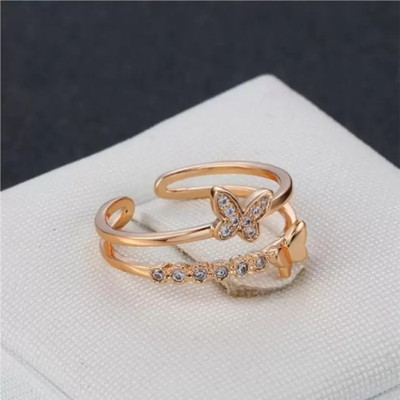 FASHOW Valentine Special Sizzling Bejeweled Double Butterfly Rose Gold Ring Stainless Steel Cubic Zirconia Titanium Plated Ring