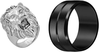 Dynamic Retail Global Set of 2 Rings for Men, Silver-Black Alloy Ring