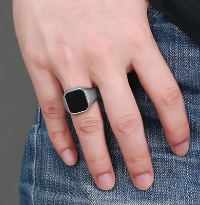 De-Ultimate Geometric Polygon Gem Stone Black Square Enamel Thumb Finger/Knuckle Signet Ring Stainless Steel Silver Plated Ring