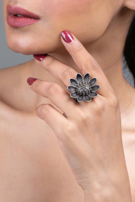 Look And Adorn Oxidised Silver Replica Sunflower Adjustable Finger Ring Metal Ring