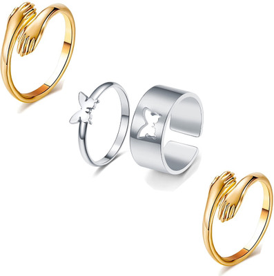 AVR JEWELS Silver plated Couple Butterfly and Gold plated Hug Ring Combo For Men and Women Alloy Silver Plated Ring Set