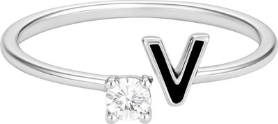 FOGGMART Black V Design AD Finger Ring for Girls & Women, Silver Color Adjustable AD Ring Stainless Steel Cubic Zirconia Silver Plated Ring