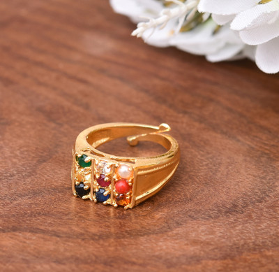 GIACOMO Navratna Adjustable Ashtdhatu Astrology Nine planetry stones Navgrah ring Unisex Brass, Alloy Beads Gold Plated Ring