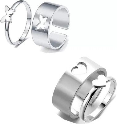 Viibesle Combo of 2 Elegance Silver Plated Heart and Couple Ring Stainless Steel Titanium, Platinum, Rhodium, Sterling Silver Plated Ring Set