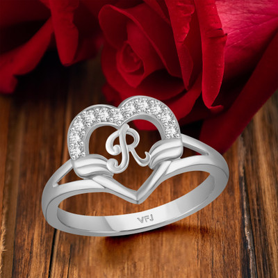 VIGHNAHARTA Valentine cluster'' R '' with heart ring alphabet cluster for women and Girls Brass Cubic Zirconia Rhodium Plated Ring