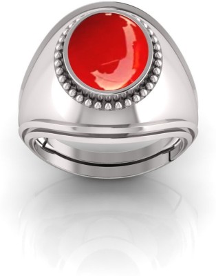 Pranjal Gems 12.25 Ratti Munga Gemstone Adjustable Ring With Lab CertificateTK Crystal Coral Sterling Silver Plated Ring