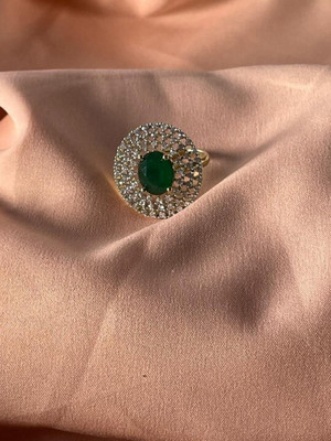 Zabby Allen Sizzling Beautifully Adjustable Green Diamond Ring For Women & Girls Brass Diamond Gold Plated Ring