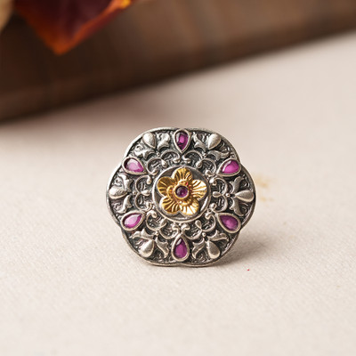 Sanseeta Vasanti- Silver oxidised ring Brass Zircon Silver Plated Ring