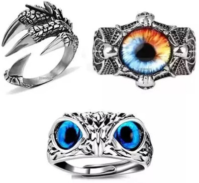 ROOTWAVE 3Combo Adjustable Men Rings Owl Ring Claw Ring Dragon Eye Ring Stainless Steel Rhodium, Titanium, Copper Plated Ring