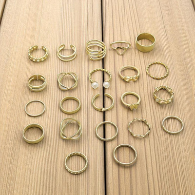 GlanzReich Women’s Stylish Gold Plated Ring Set – Adjustable Fashion Finger Rings Brass Ring Set