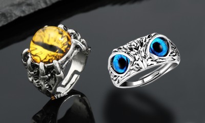 Syfer Evil Eye & Owl for Men and Women Stylish/Biker/Partywear Ring (Combo) Stainless Steel Silver Plated Ring