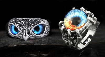 R V Jeewels Owl Eye Ring for Men and Women (Combo, Adjustable) Stainless Steel Silver Plated Ring