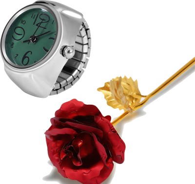 Fashion Frill Valentine Gift For Girlfriend Watch Ring For Women Green Ring With Golden Flower Alloy Silver Plated Ring