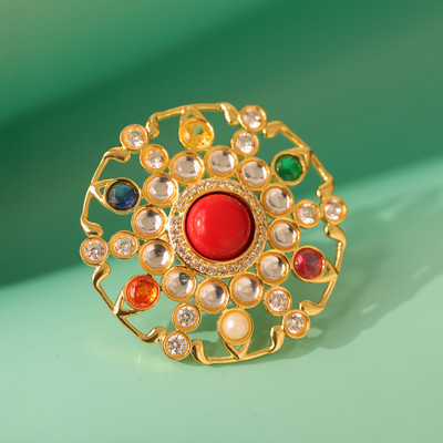 Voylla Navratna Divine Statement Ring Brass Cubic Zirconia Gold Plated Ring
