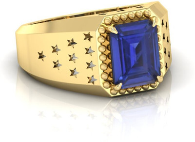 Om Gayatri Corp 8.25 Ratti Blue sapphire Aget AdjuGemstonestable Brass Metal Ring for Unisex Brass Sapphire Gold Plated Ring