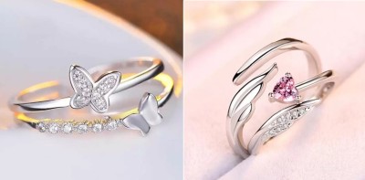 SILVOSWAN Angel Wings Adjustable & Butterfly Ad Love Couple Rings Stainless Steel Silver Plated Ring Set