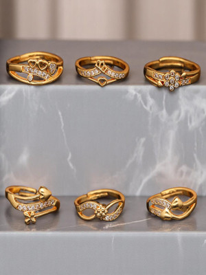 brado jewellery Combo of 6 Ad (American diamond) Adjustable For Women and Girls Brass Diamond Gold Plated Ring