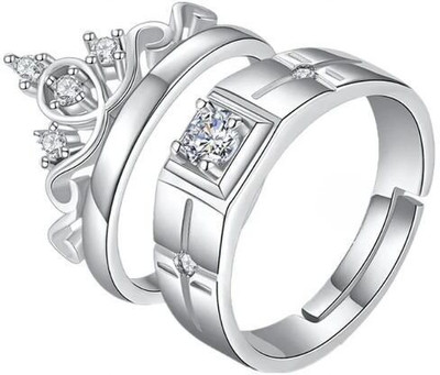 Dressberry Premium Silver Plated Crown Adjustable Couple Rings Set Alloy Cubic Zirconia Silver Plated Ring Set