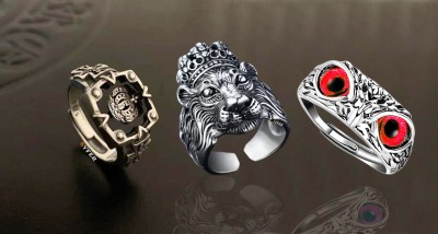Syfer Lion Ring, Owl Ring, KIng Crown Ring for Men and Women (3 Rings Combo) Stainless Steel Silver Plated Ring Set