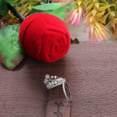 Jewelgenics Silver-Plated Royal Crown Ring with Artificial Red Velvet Rose Combo Set Alloy Crystal Silver Plated Ring Set