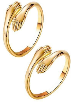 Prachar Gallery HUG RING, Pack of 2 Adjustable & Stylish Hugging Hands for Couple/Women/Girls Stainless Steel Gold Plated Ring