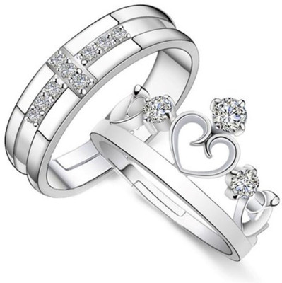 White Chimes AdjustableCoupleRingsComboLoversCrownEngravedKingQueenAmericandiamondValentine Stainless Steel, Brass, Stone, Metal, Copper Cubic Zirconia Silver, Rhodium Plated Ring Set