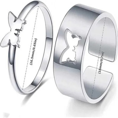house of common Silver Plated Butterfly Alloy Metal Couple Ring Matching Wrap Finger Couple Ring Alloy Ring Set