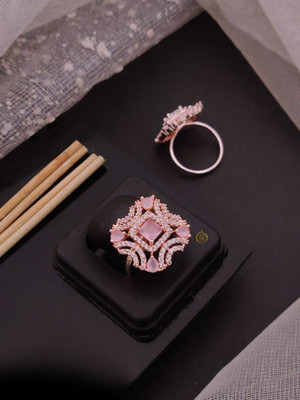 immitation Grand Rose Gold Plated Pink Quartz & CZ Statement Ring Silver Pearl Silver Plated Ring